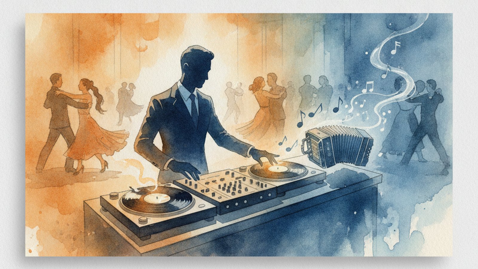 A tango DJ at a softly lit milonga, reading the dance floor from behind a laptop and mixer while couples move in close embrace.