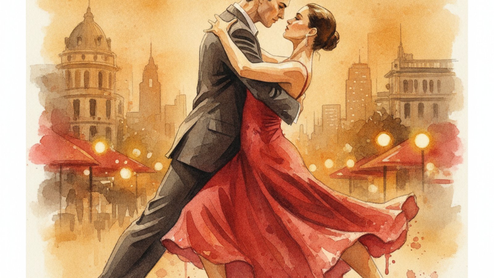 A tango couple dancing a demonstration on a cleared milonga floor as the seated audience watches in soft light