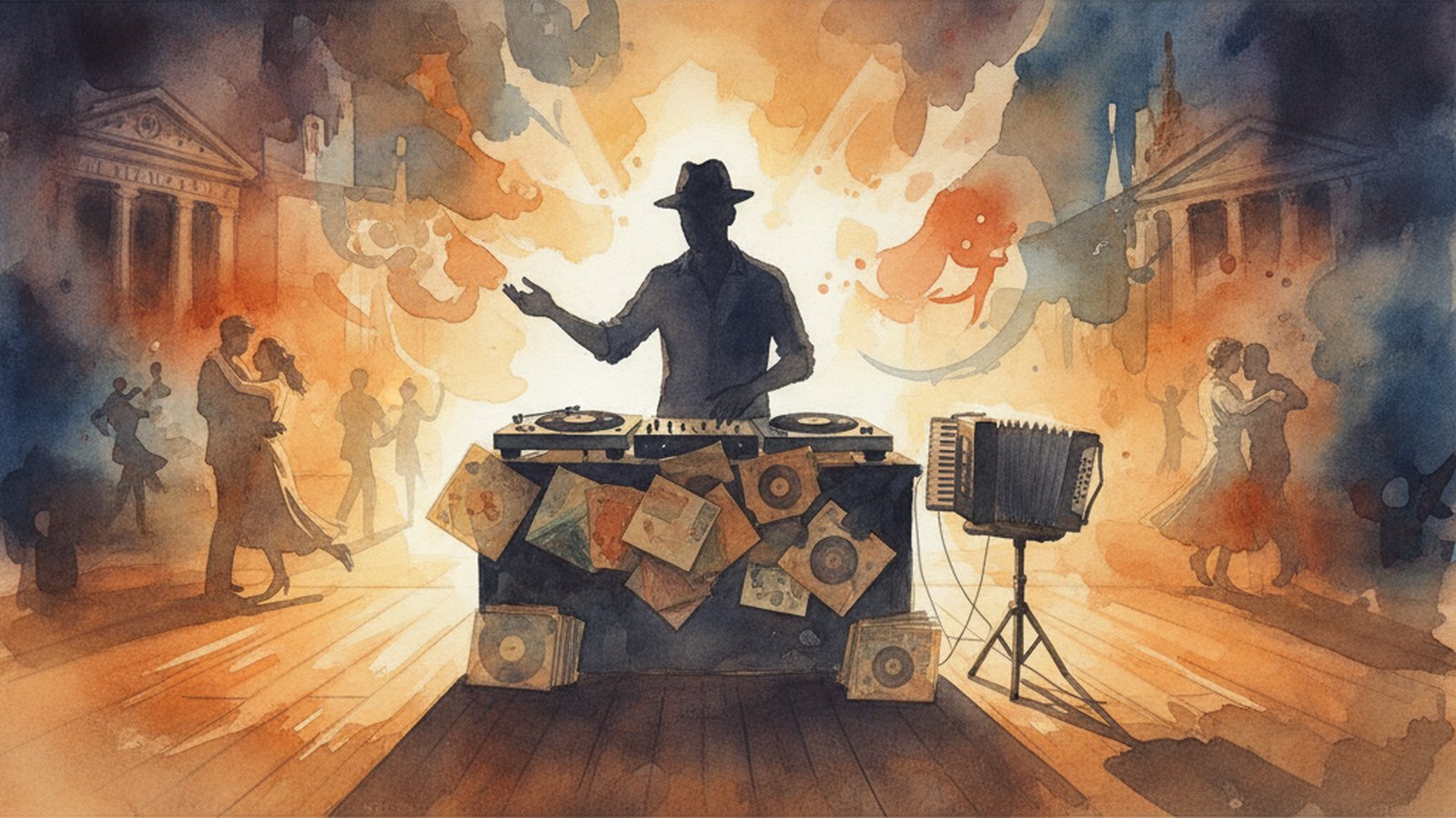 A tango DJ at the decks lit in warm amber light, watching couples dance the ronda at a crowded Buenos Aires milonga