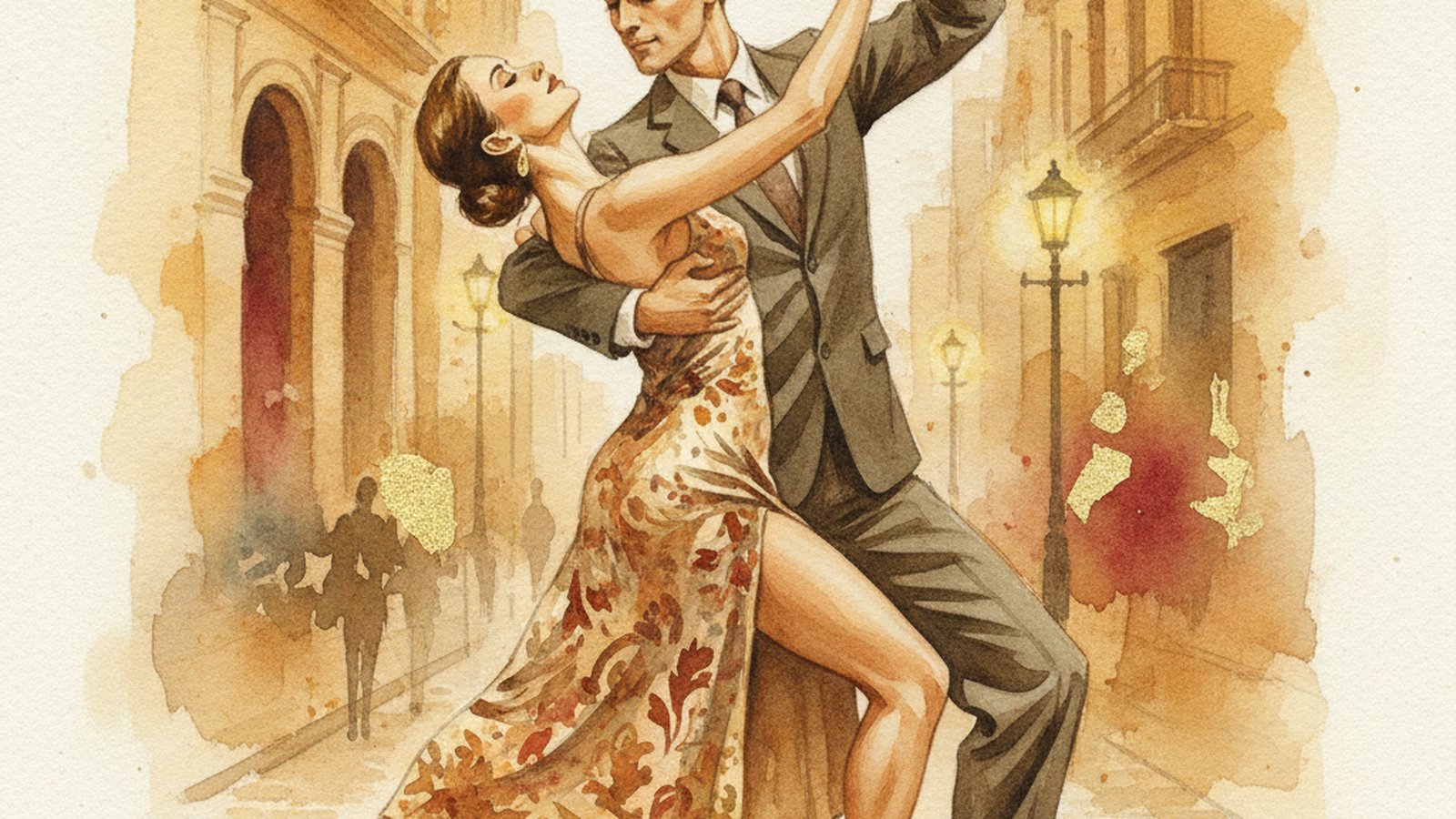 Two tango dancers in a close embrace on a crowded wooden floor at a London milonga, warm lamplight behind them