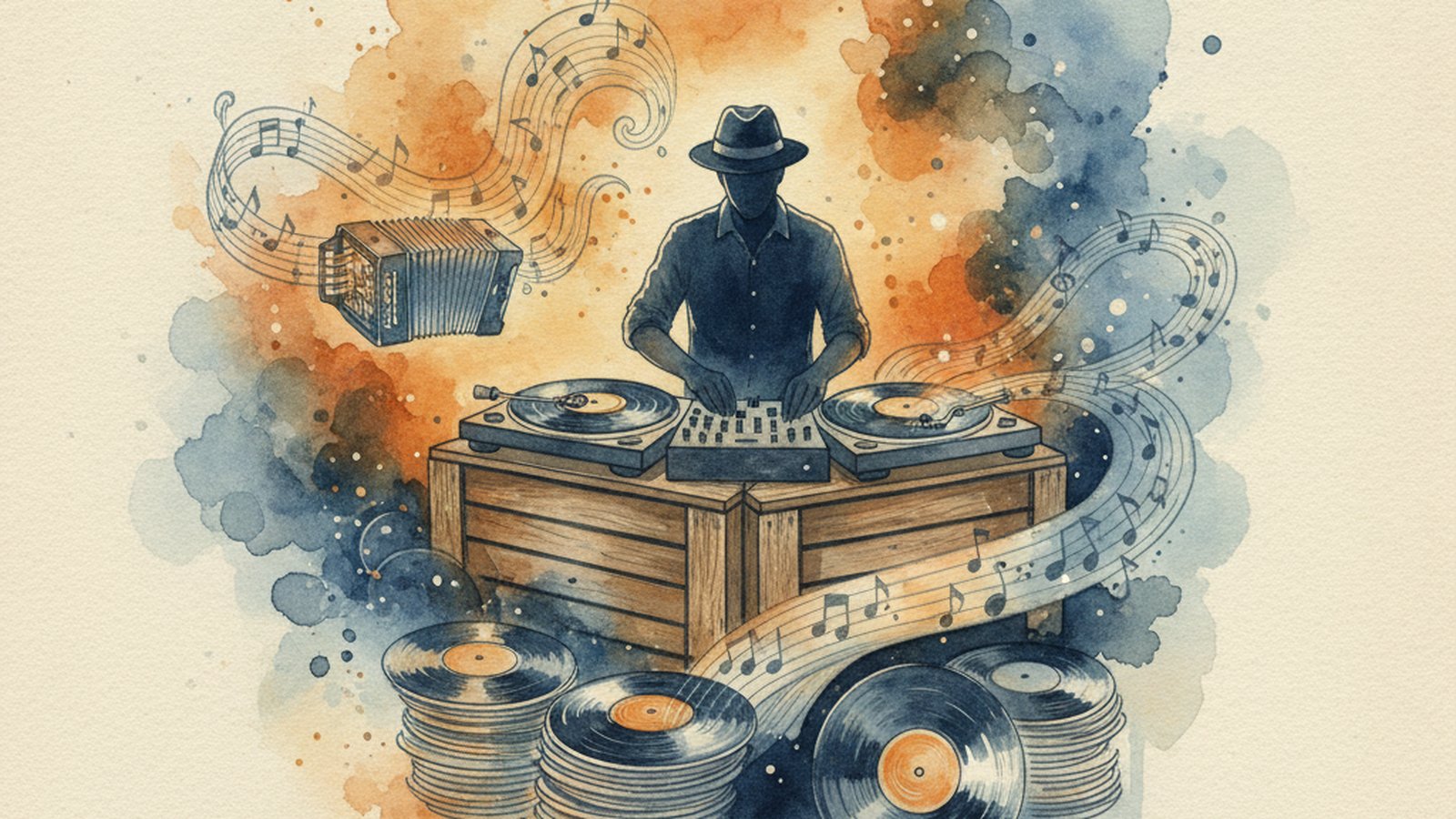A tango DJ at a dimly lit milonga, laptop and headphones beside a sound mixer, watching couples dance in close embrace on the floor