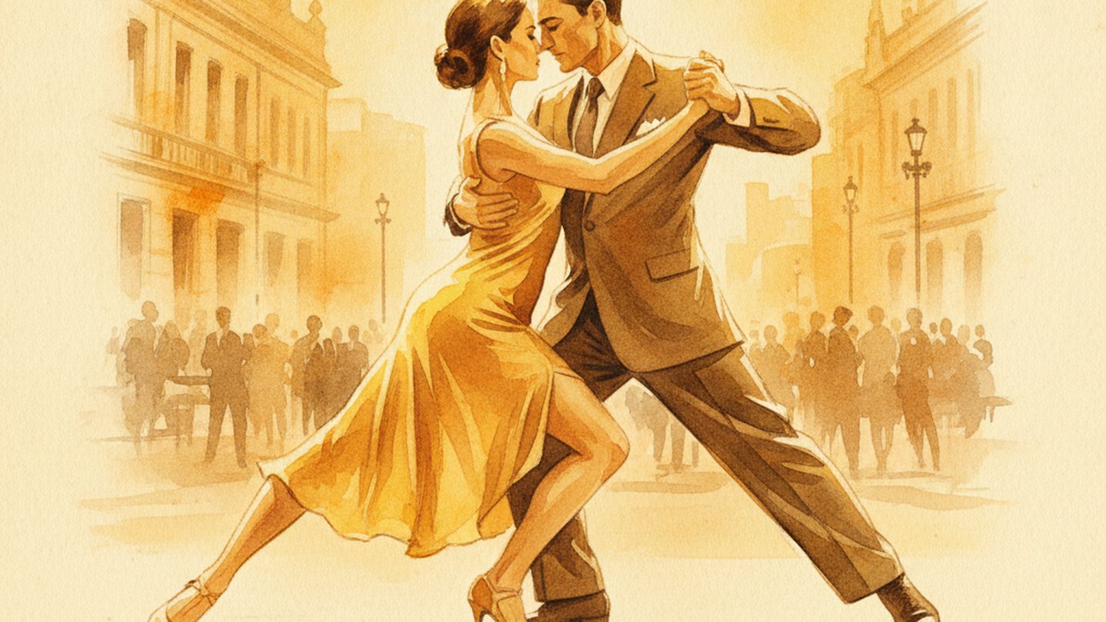A tango couple in a close embrace taking a lateral side step across a wooden milonga floor