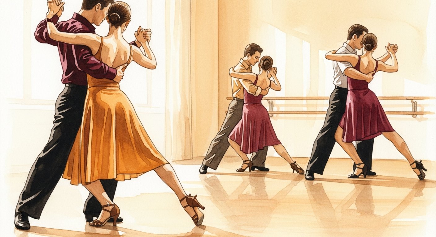 Tango dancer stretching and warming up before a milonga, preparing their body for an evening of Argentine tango